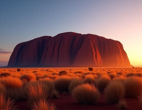 The magnificent Uluru monolith in the Australian outback at sunrise