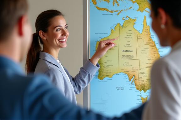 A smiling travel agent pointing at a map of Australia