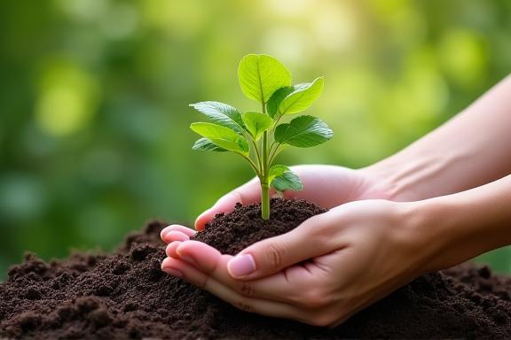 A hand planting a small tree sapling